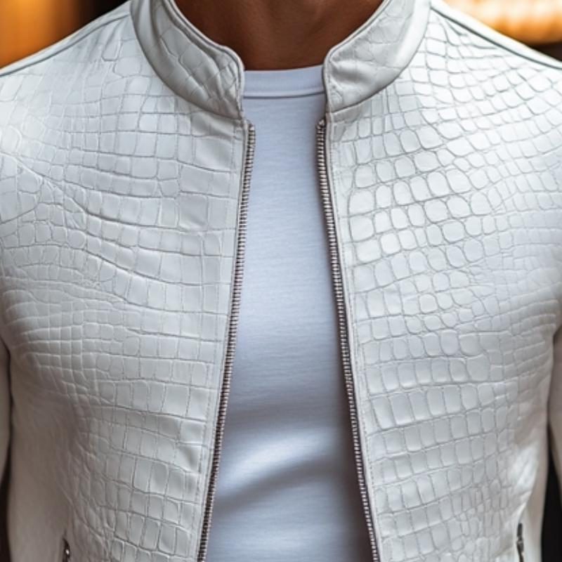 Basil | Men's Crocodile-Embossed Leather Biker Jacket with Stand Collar