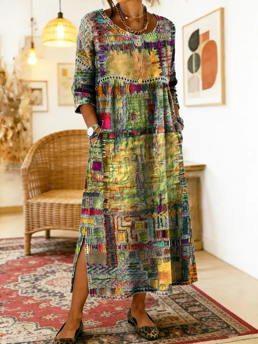 Manuela | Boho Printed Denim Dress with Ethnic Patchwork