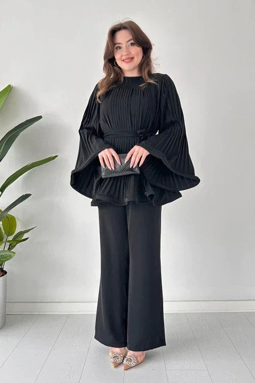 Women's Pleated Long-Sleeve Tunic and Wide-Leg Trousers Set with Tie Waist – Elegant Two-Piece Outfit for Smart Casual Occasions