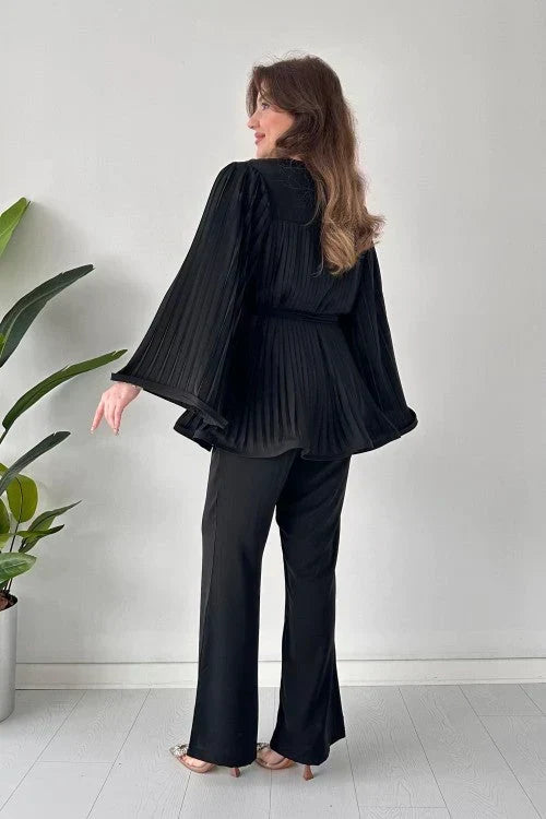 Women’s Pleated Belted Top and Wide-Leg Trouser Set – Elegant Two-Piece Outfit with Flowing Bell Sleeves for Work and Special Occasions