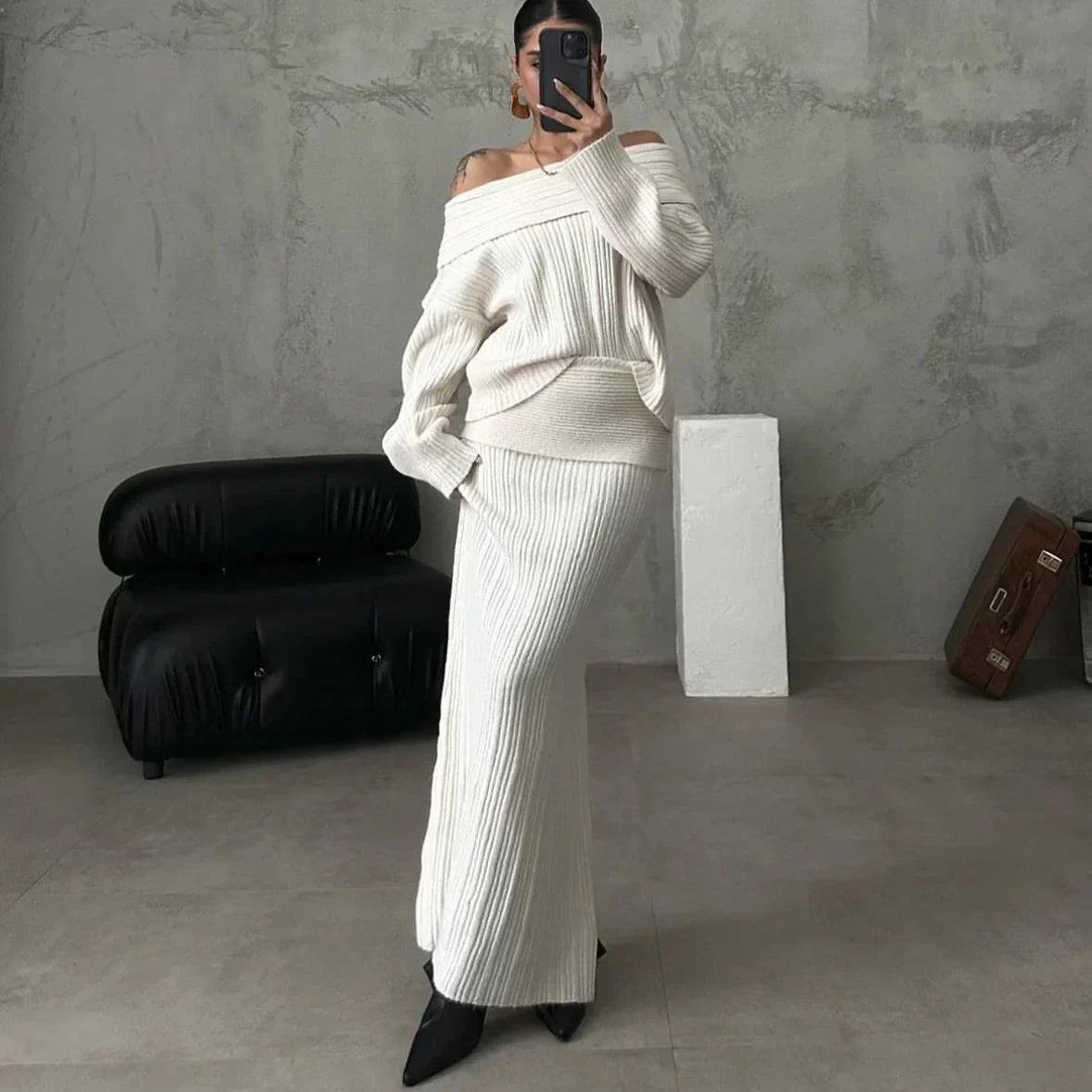 Women's Off-Shoulder Ribbed Knit Jumper and Fitted Maxi Skirt Set – Elegant Relaxed Two-Piece Co-Ord for Autumn and Winter