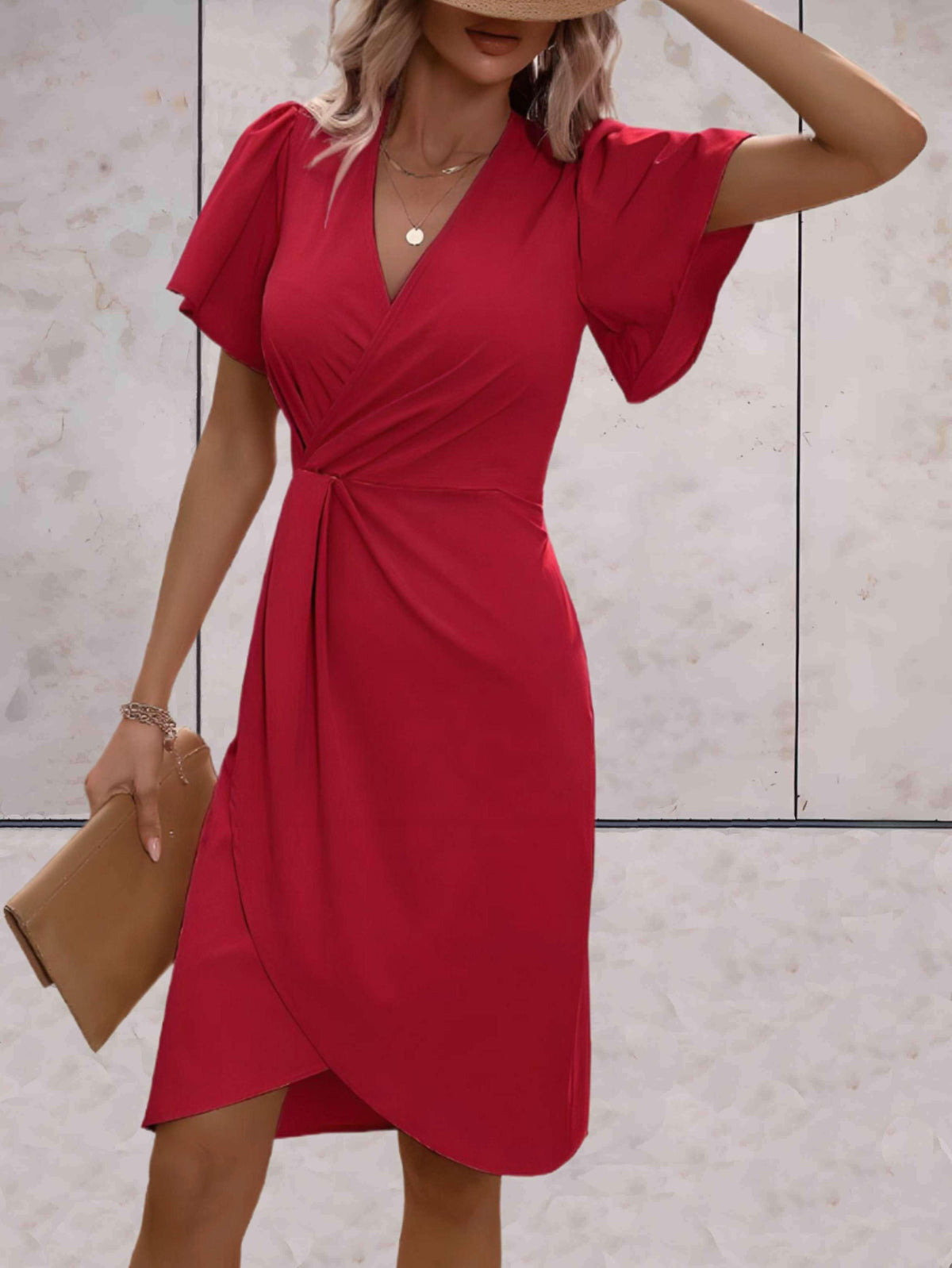 Women's Wrap Midi Dress with Puff Sleeves