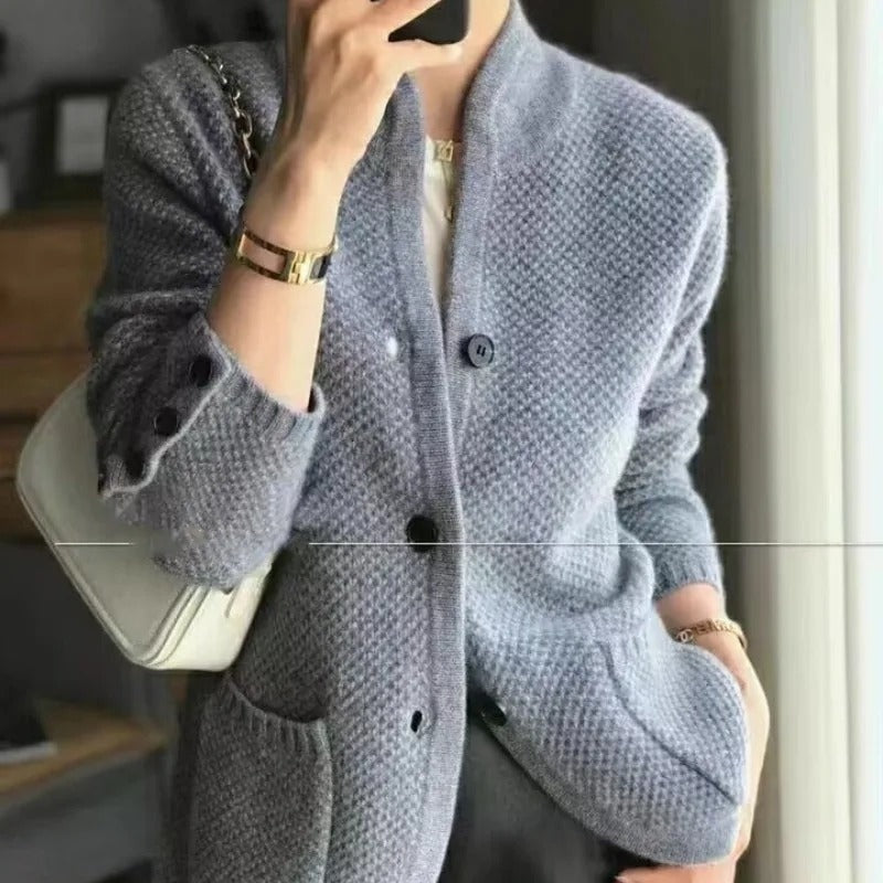 Elena | Women's Textured Knit Cardigan Sweater V Neck Button Up