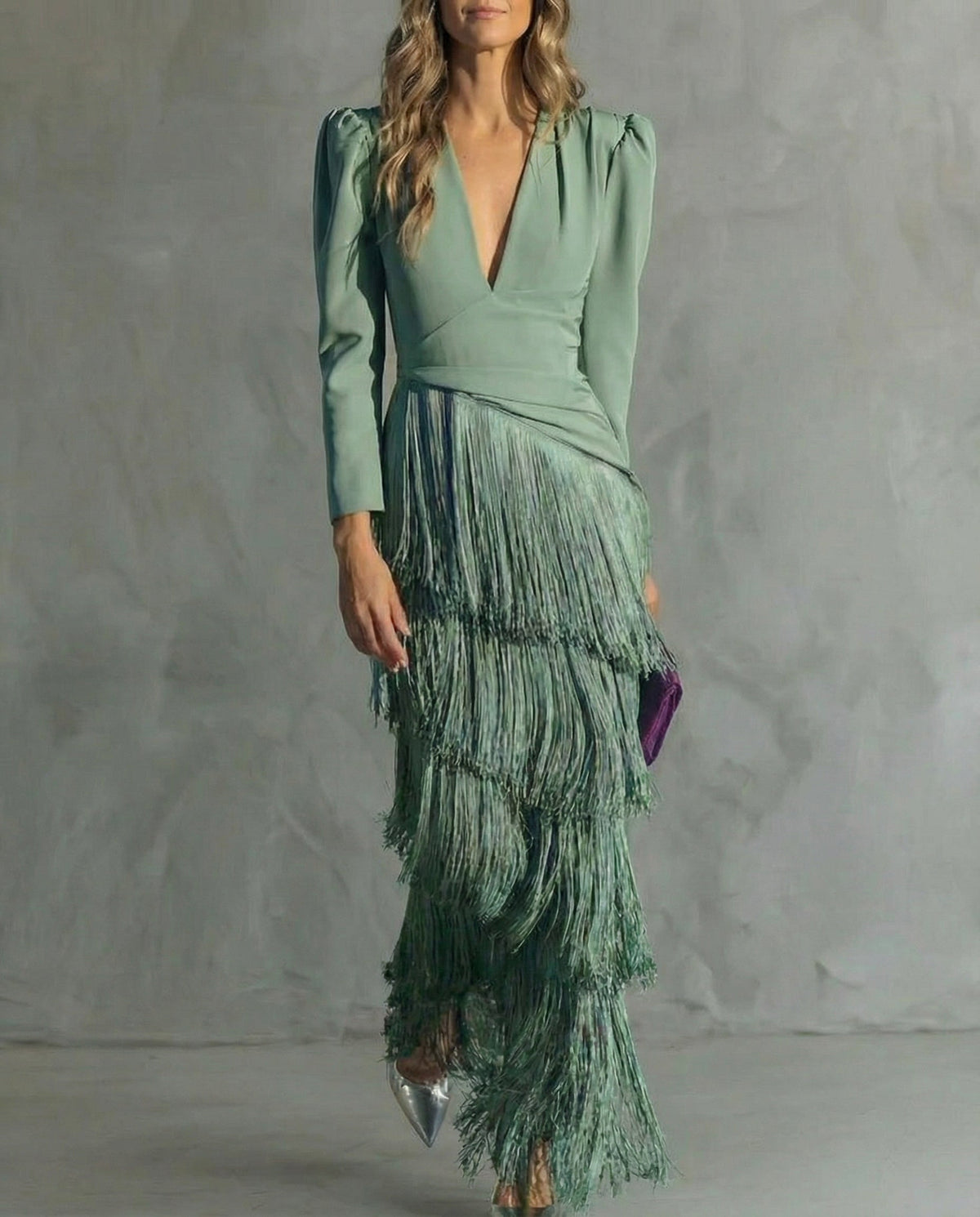 Women's Fringe Maxi Dress | Long Sleeve Knit Evening Gown