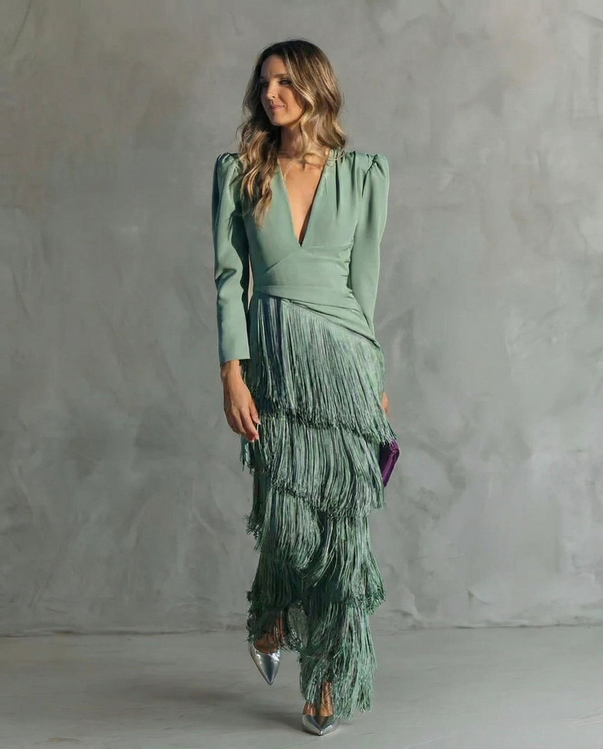 Bella | Women's Long Sleeve Winter Wedding Guest Dress Maxi Fringe