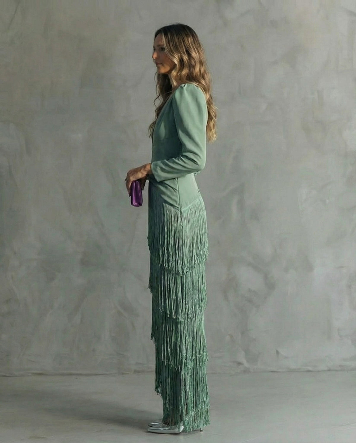 Bella | Women's Long Sleeve Winter Wedding Guest Dress Maxi Fringe