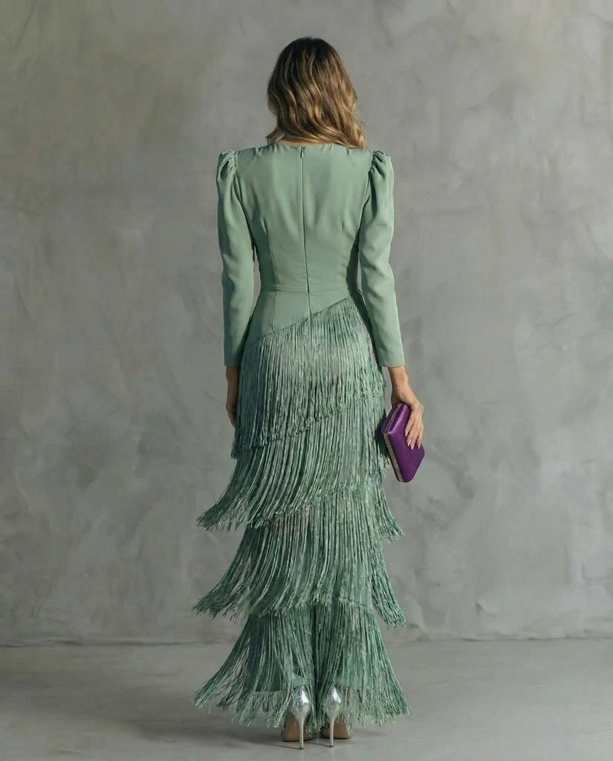 Bella | Women's Long Sleeve Winter Wedding Guest Dress Maxi Fringe