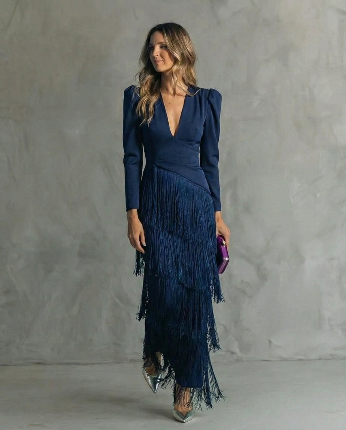 Women's Fringe Maxi Dress | Long Sleeve Knit Evening Gown