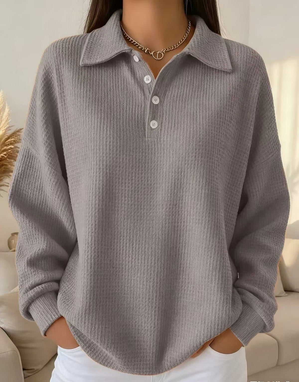 Corisande | Waffle Knit Collared Henley Sweater