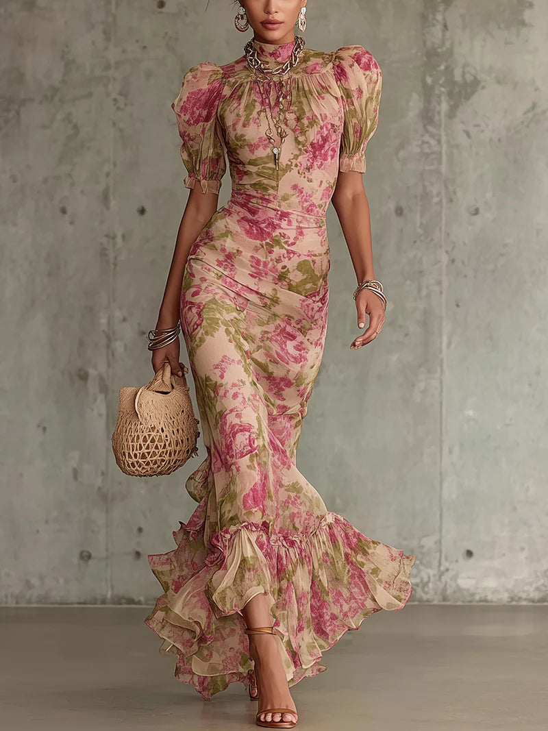 Women’s Floral Puff Sleeve Ruffle Maxi Dress