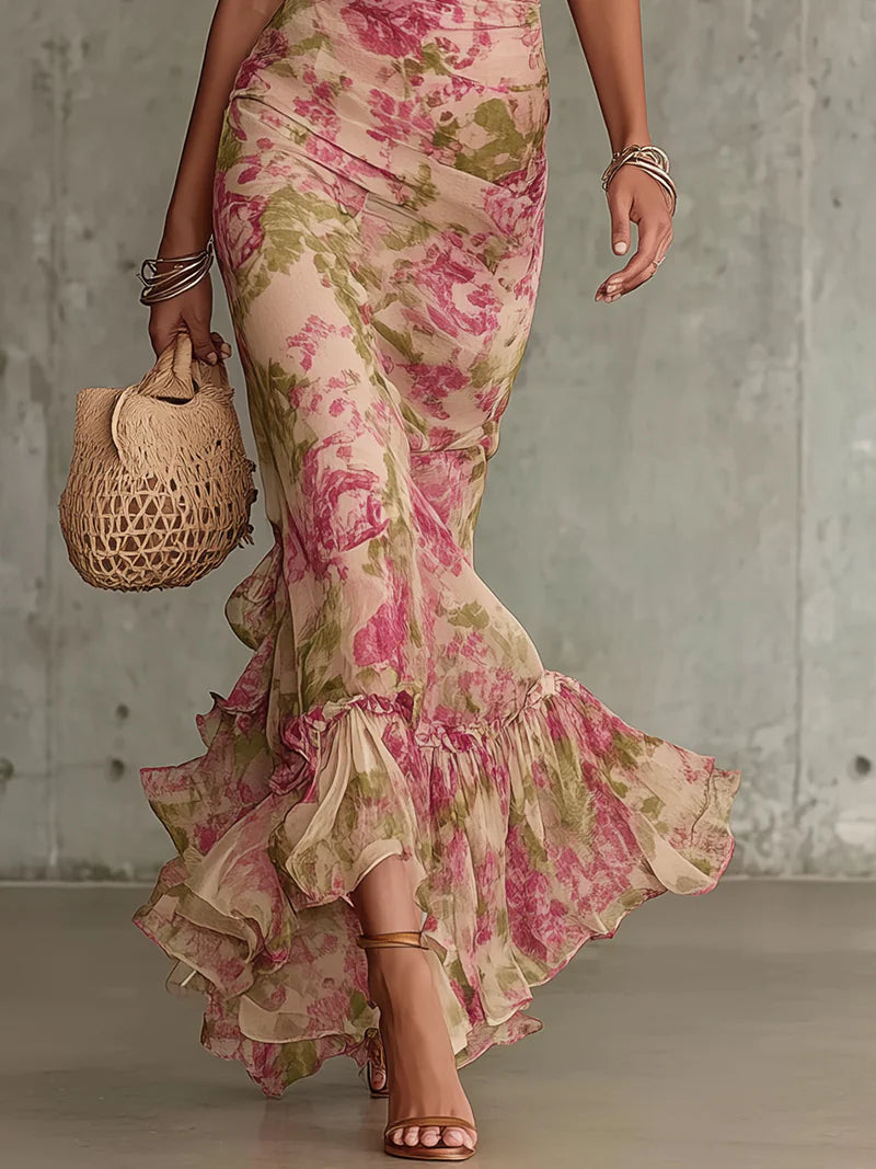 Women’s Floral Puff Sleeve Ruffle Maxi Dress