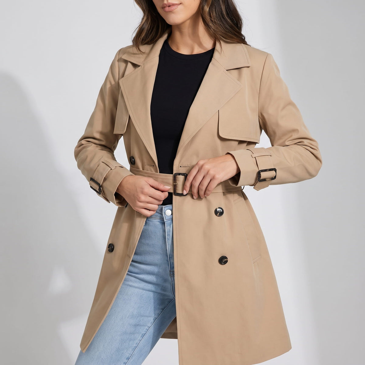 Belted Double-Breasted Trench Coat – Mid-Length, Epaulettes & Buckled Cuffs | Ines
