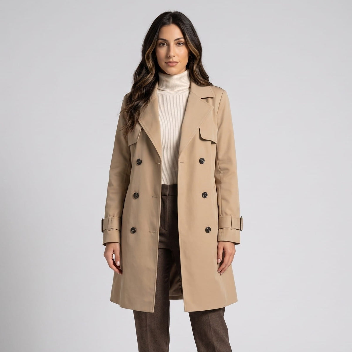 Belted Double-Breasted Trench Coat – Mid-Length, Epaulettes & Buckled Cuffs | Ines