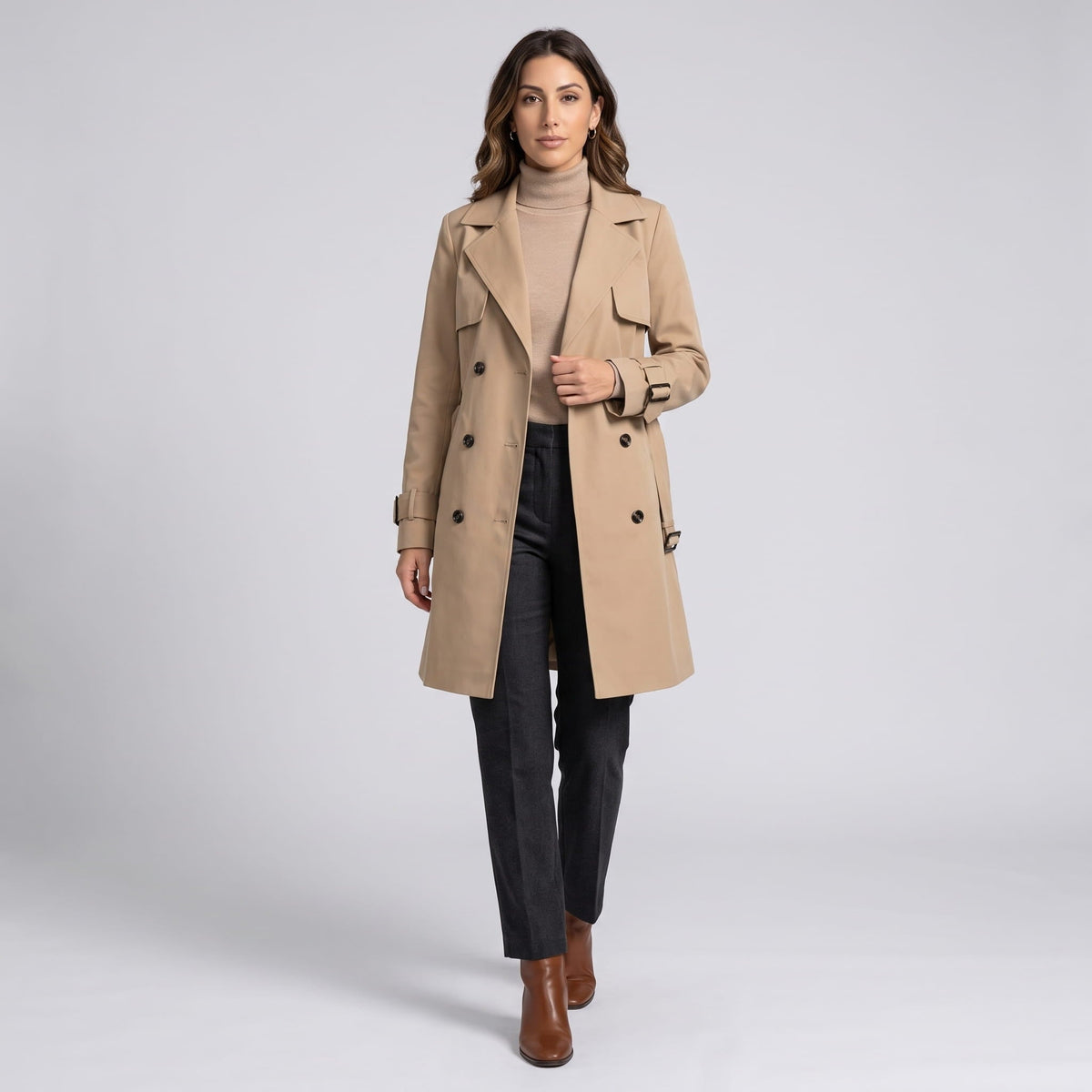 Belted Double-Breasted Trench Coat – Mid-Length, Epaulettes & Buckled Cuffs | Ines