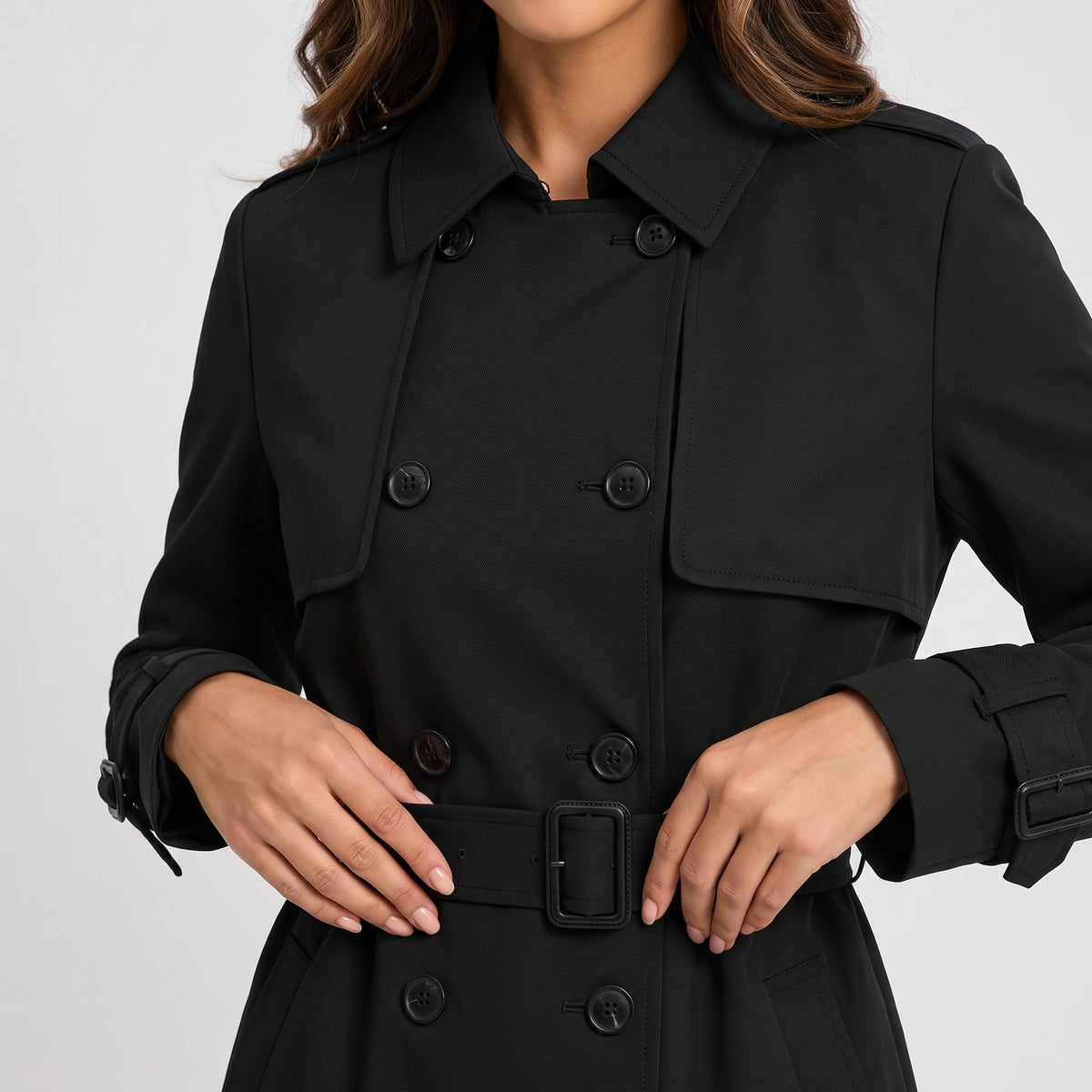 Belted Double-Breasted Trench Coat – Mid-Length, Epaulettes & Buckled Cuffs | Ines
