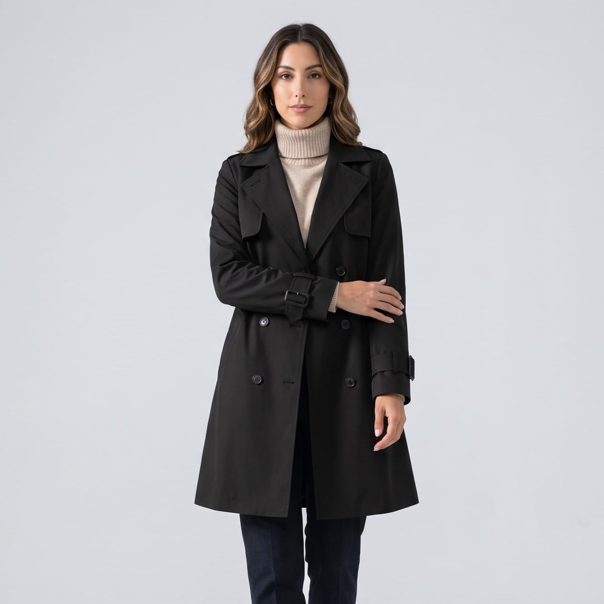 Belted Double-Breasted Trench Coat – Mid-Length, Epaulettes & Buckled Cuffs | Ines