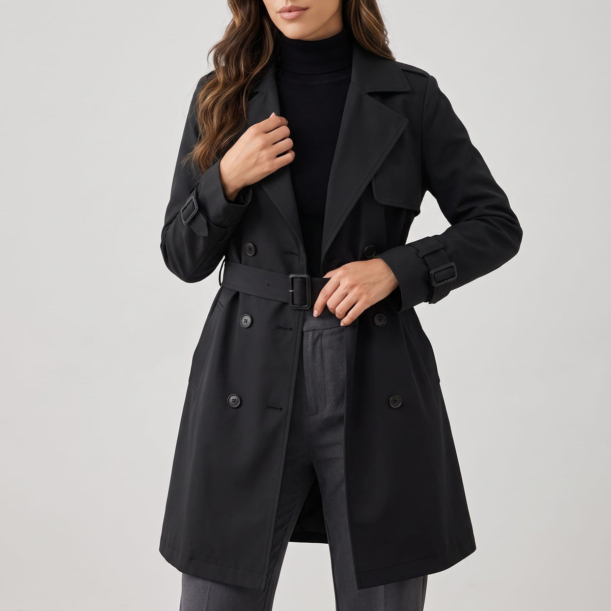 Belted Double-Breasted Trench Coat – Mid-Length, Epaulettes & Buckled Cuffs | Ines