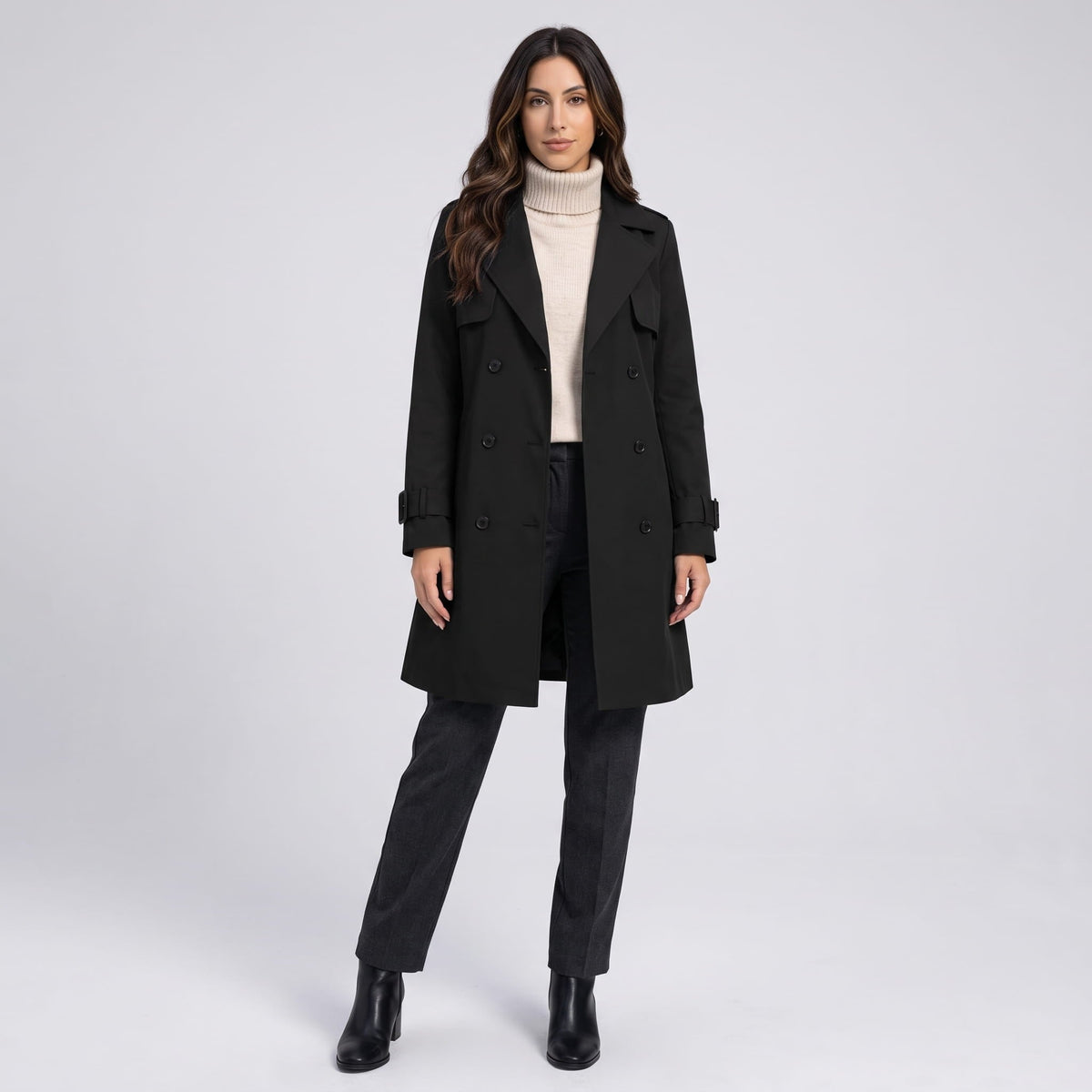 Belted Double-Breasted Trench Coat – Mid-Length, Epaulettes & Buckled Cuffs | Ines