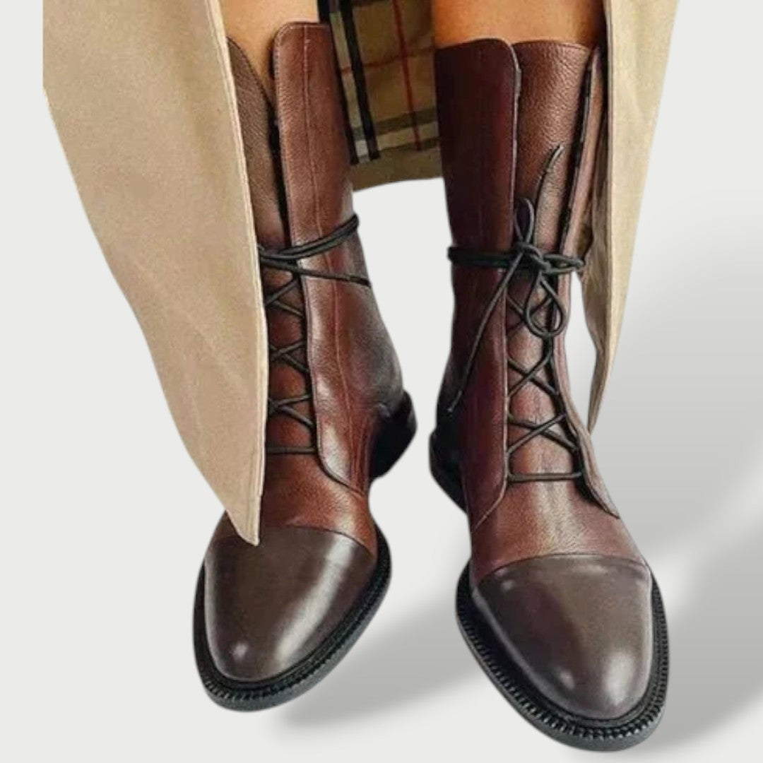 Elena | Women's Leather Lace Up Boots Mid Calf Cap Toe