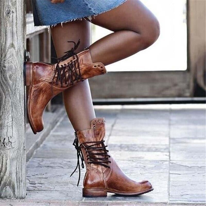 Megan | Women's Combat Boots Lace Up Mid Calf Low Heel