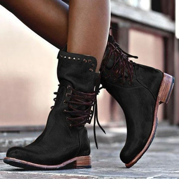 Megan | Women's Combat Boots Lace Up Mid Calf Low Heel