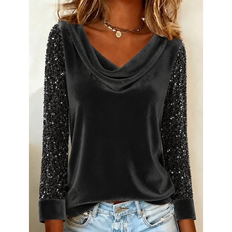 Women's Cowl Neck Top with Sequin Sleeves