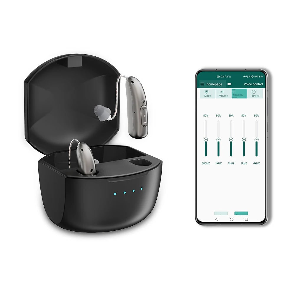 Bluetooth Hearing Aids with Noise Reduction Rechargeable Battery and Behind the Ear Design