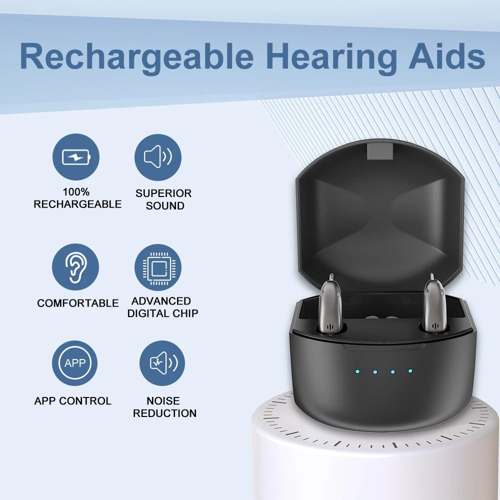 Bluetooth Hearing Aids with Noise Reduction Rechargeable Battery and Behind the Ear Design