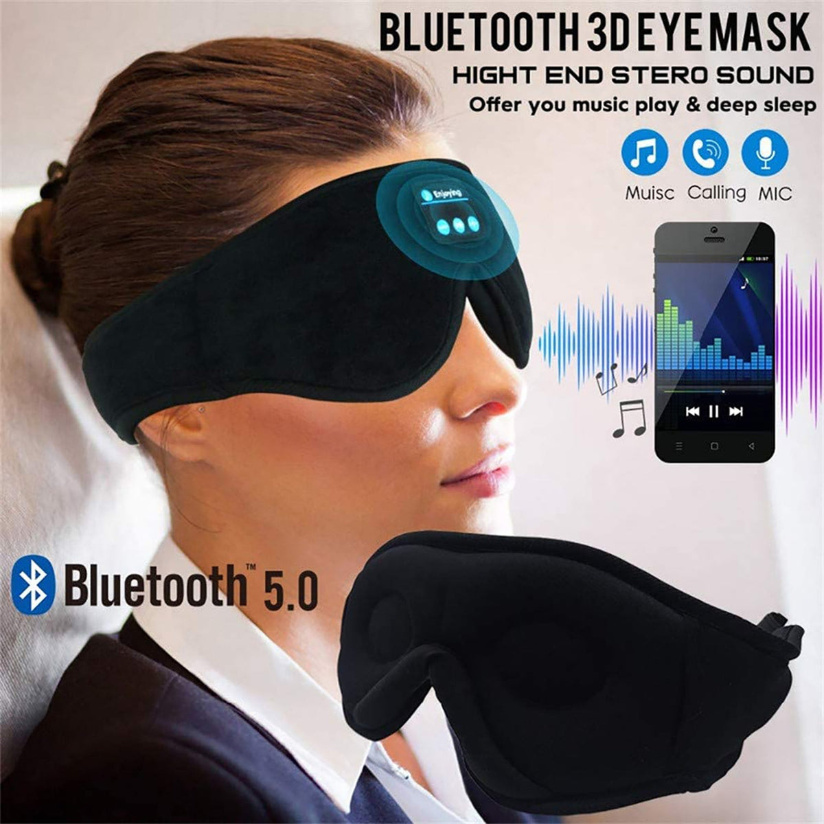 Bluetooth Sleep Mask with 100% Blackout Eye Cups Memory Foam and Built-In Speakers Silk