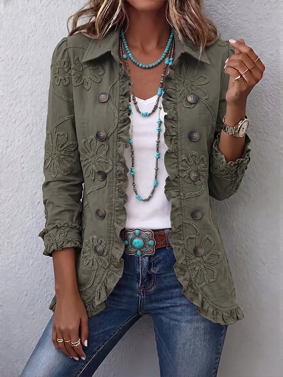 Boho-Chic Floral Embroidered Utility Jacket with Ruffle Trim