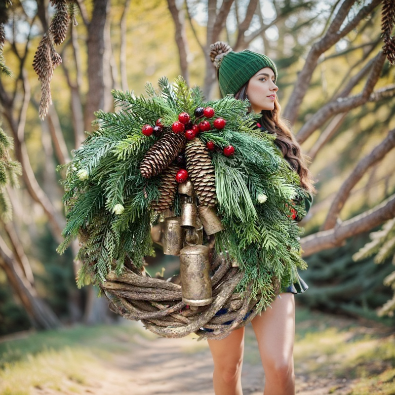 Boho Style Christmas Wreath with Rustic Vine Base, Pinecones & Golden Bells