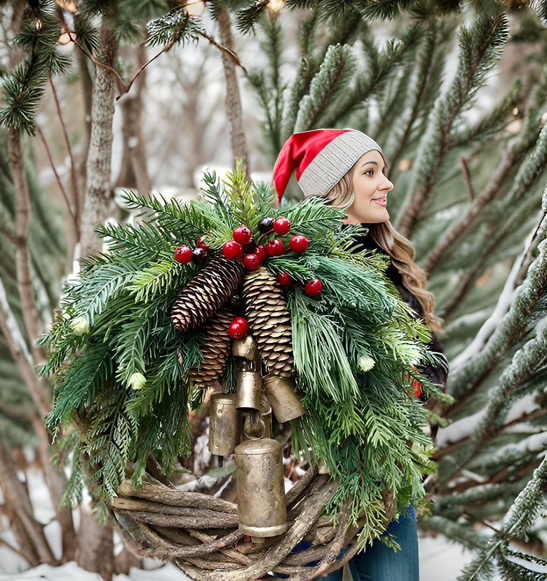 Boho Style Christmas Wreath with Rustic Vine Base, Pinecones & Golden Bells