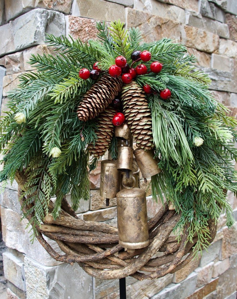 Boho Style Christmas Wreath with Rustic Vine Base, Pinecones & Golden Bells