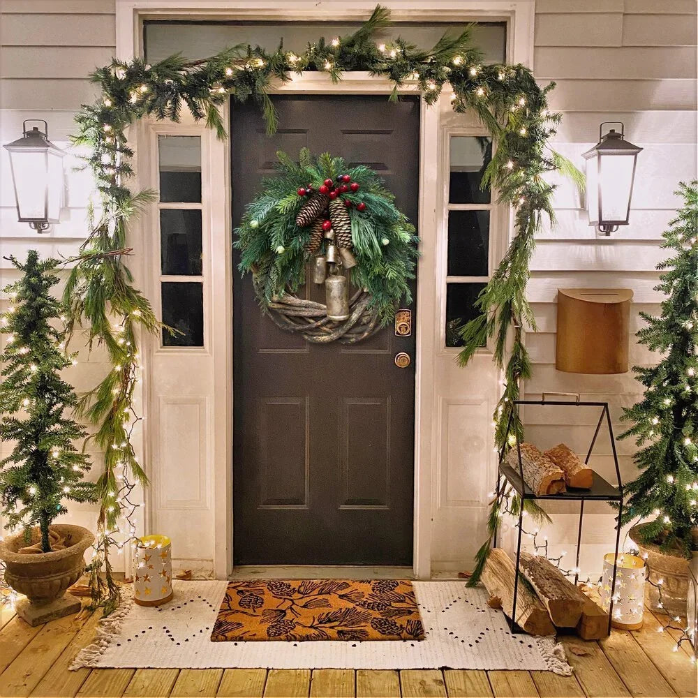 Boho Style Christmas Wreath with Rustic Vine Base, Pinecones & Golden Bells