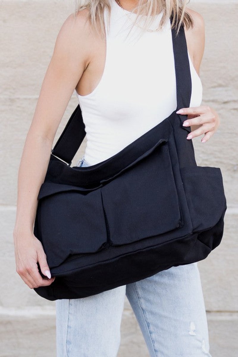 Women’s Large Multi-Pocket Canvas Shoulder Bag – Oversized Utility Tote with Wide Strap and Front Compartments for Work Travel Shopping Weekend Trips and Everyday Casual Carry