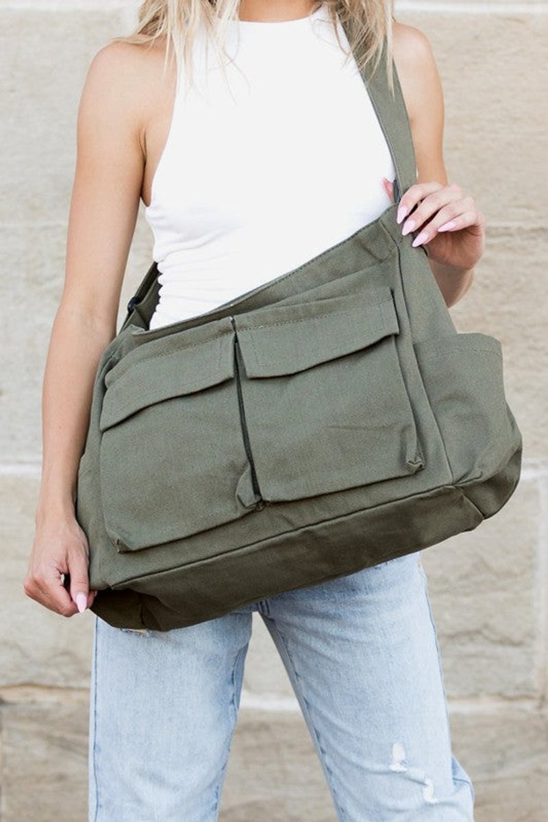 Women’s Large Multi-Pocket Canvas Shoulder Bag – Oversized Utility Tote with Wide Strap and Front Compartments for Work Travel Shopping Weekend Trips and Everyday Casual Carry