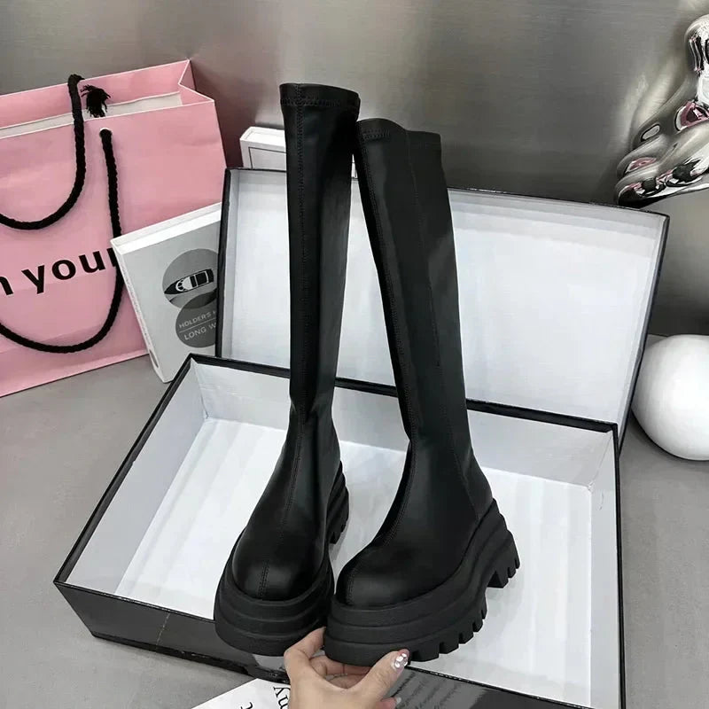 Women's Black Knee High Cowboy Boots | Platform Lug Sole
