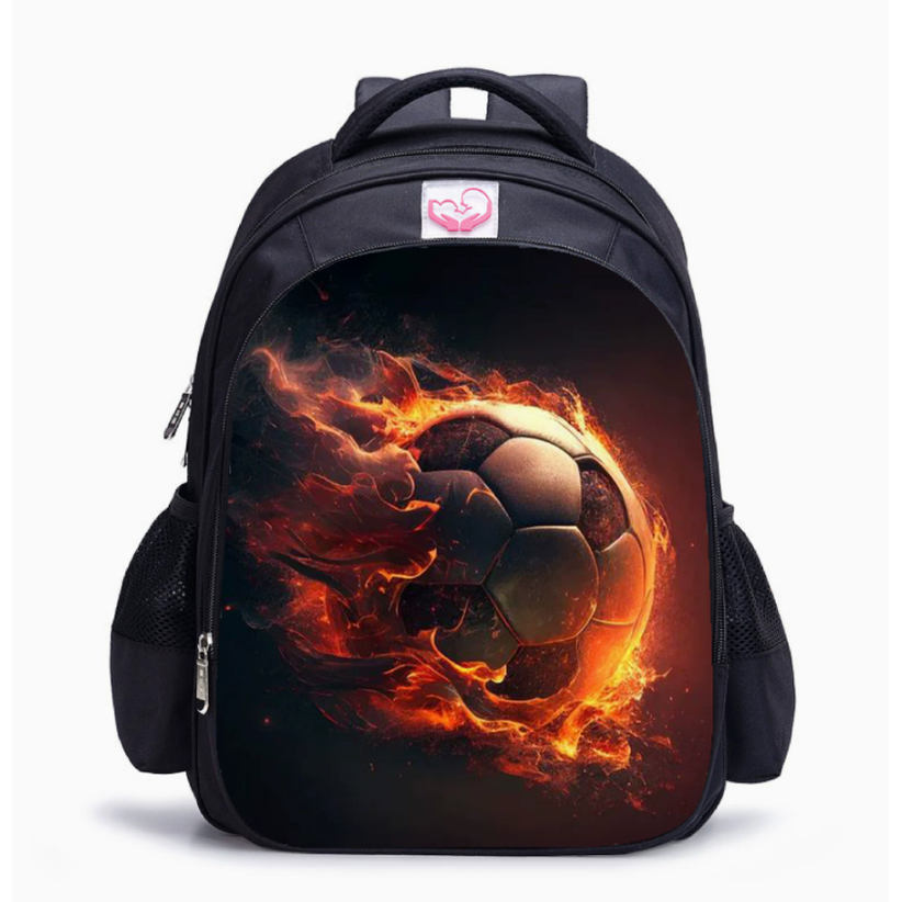 Boys' Soccer Backpack with Flaming Ball Graphic and Zippered Compartments