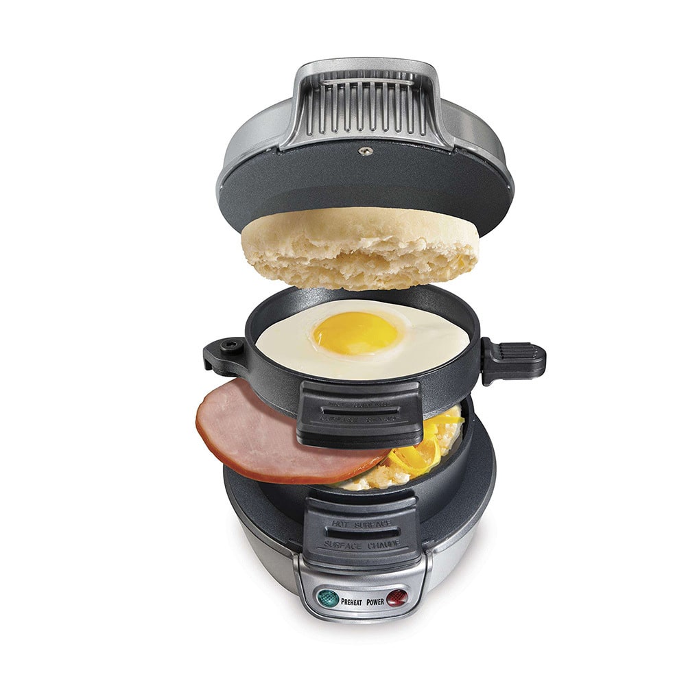 Breakfast Sandwich Maker and Panini Press Machine with Nonstick Plates and Hinged Design