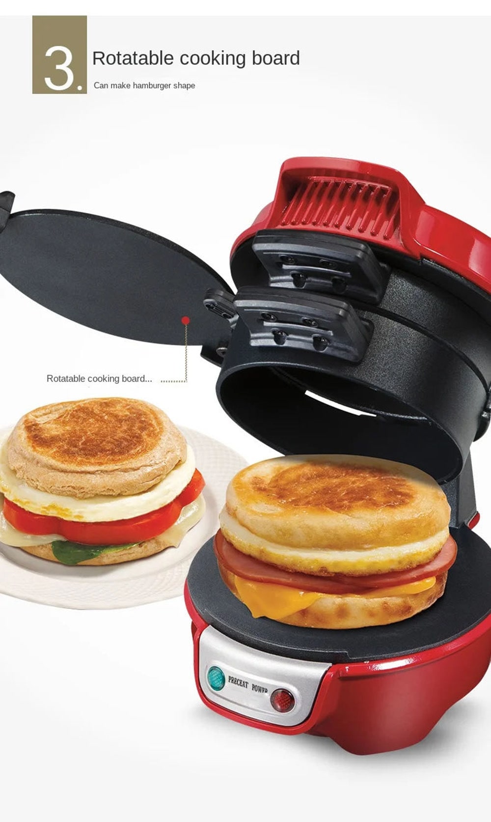 Breakfast Sandwich Maker and Panini Press Machine with Nonstick Plates and Hinged Design