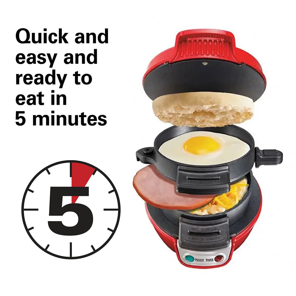 Breakfast Sandwich Maker and Panini Press Machine with Nonstick Plates and Hinged Design