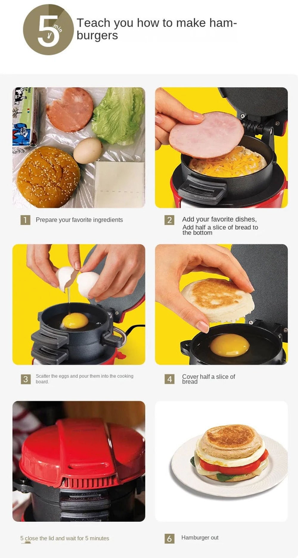 Breakfast Sandwich Maker and Panini Press Machine with Nonstick Plates and Hinged Design