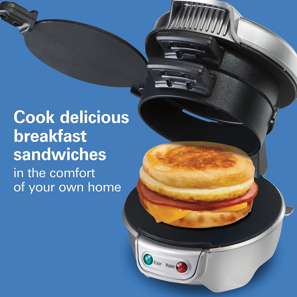 Breakfast Sandwich Maker and Panini Press Machine with Nonstick Plates and Hinged Design