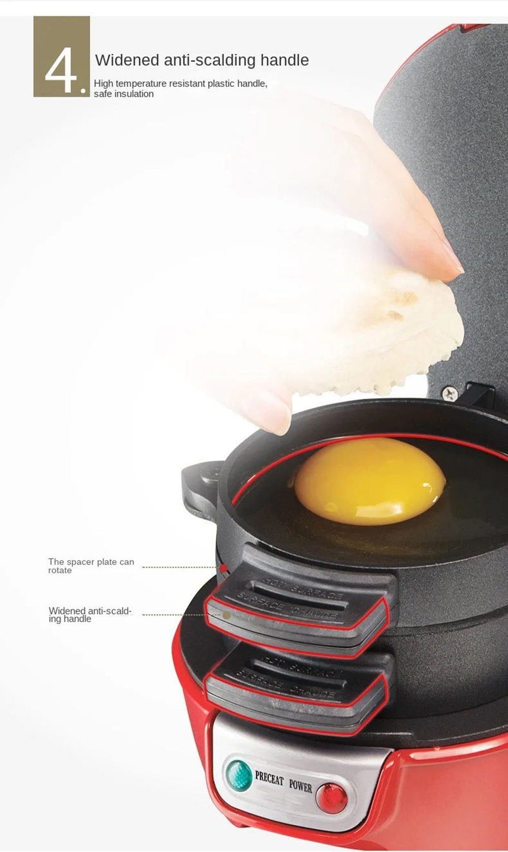 Breakfast Sandwich Maker and Panini Press Machine with Nonstick Plates and Hinged Design