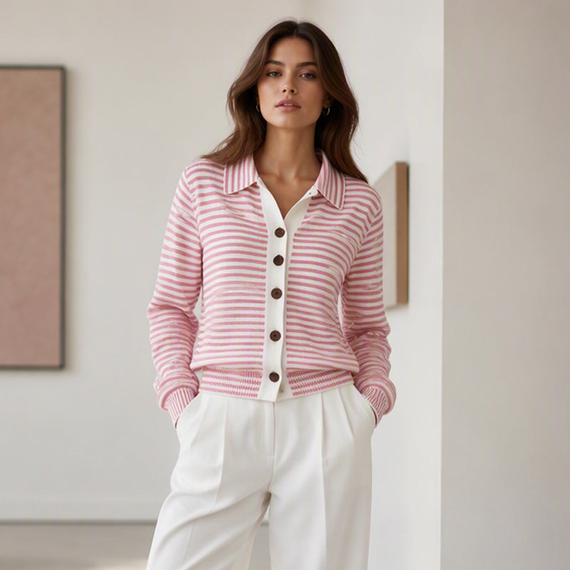 Brenda - Women's Striped Ribbed-Knit Cardigan