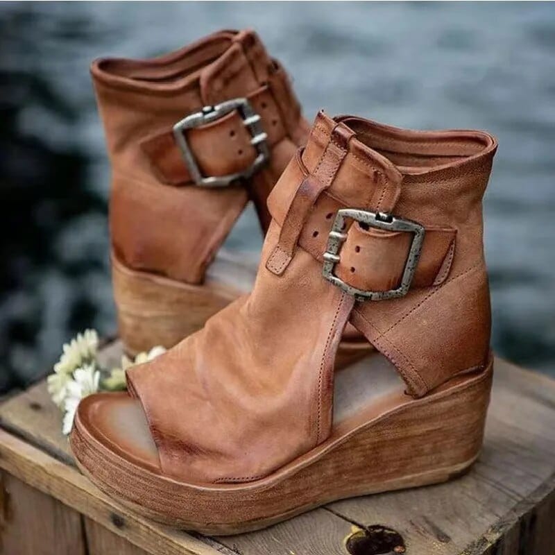 Rosa | Wedge Open Toe Buckle Ankle Boots