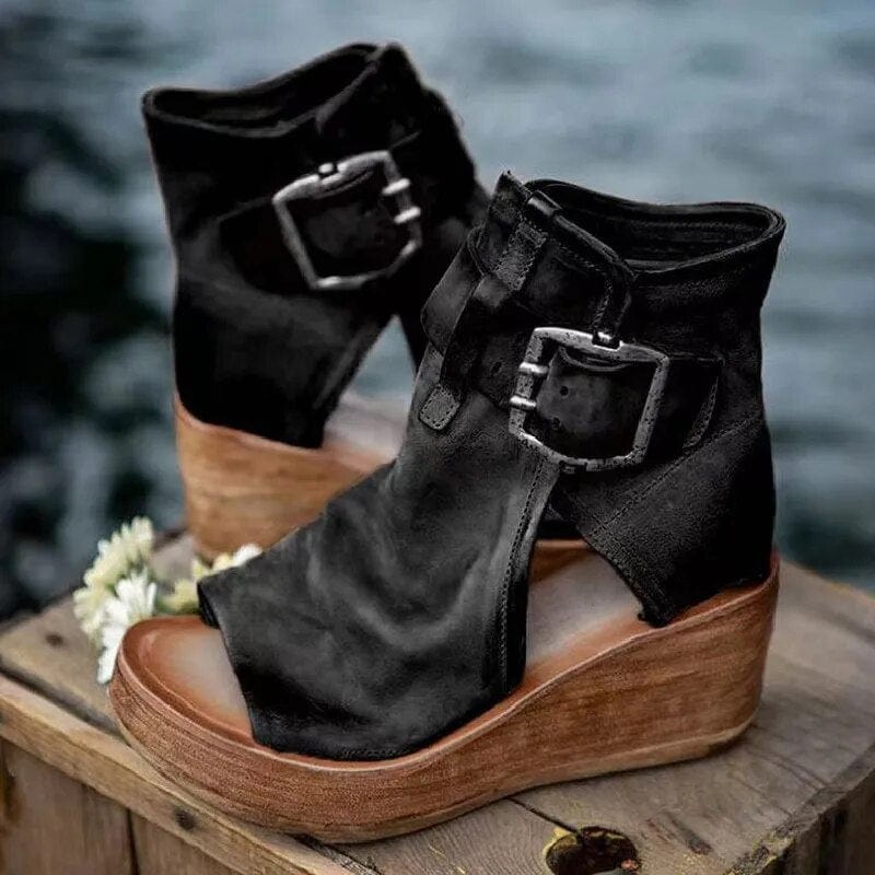 Rosa | Wedge Open Toe Buckle Ankle Boots