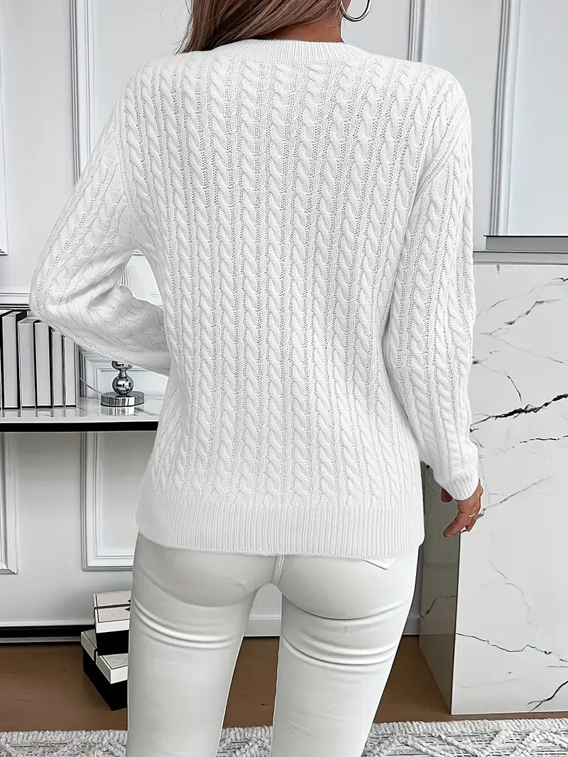 Ember | Cable Knit Crew Neck White Sweater