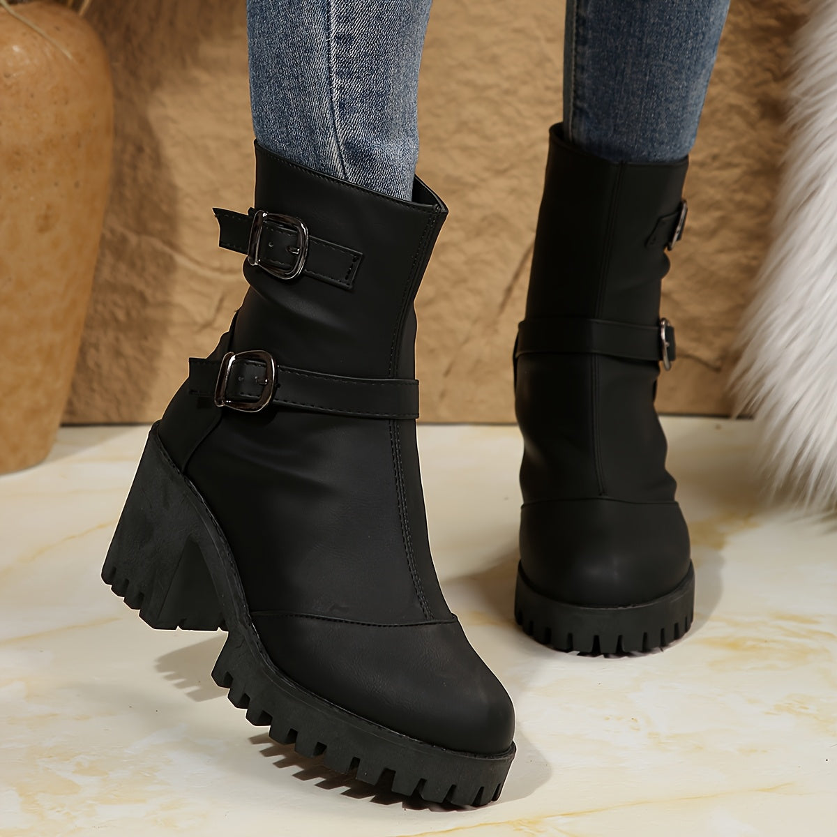 Katarina | Block Heel Buckle Straps Ankle Boots