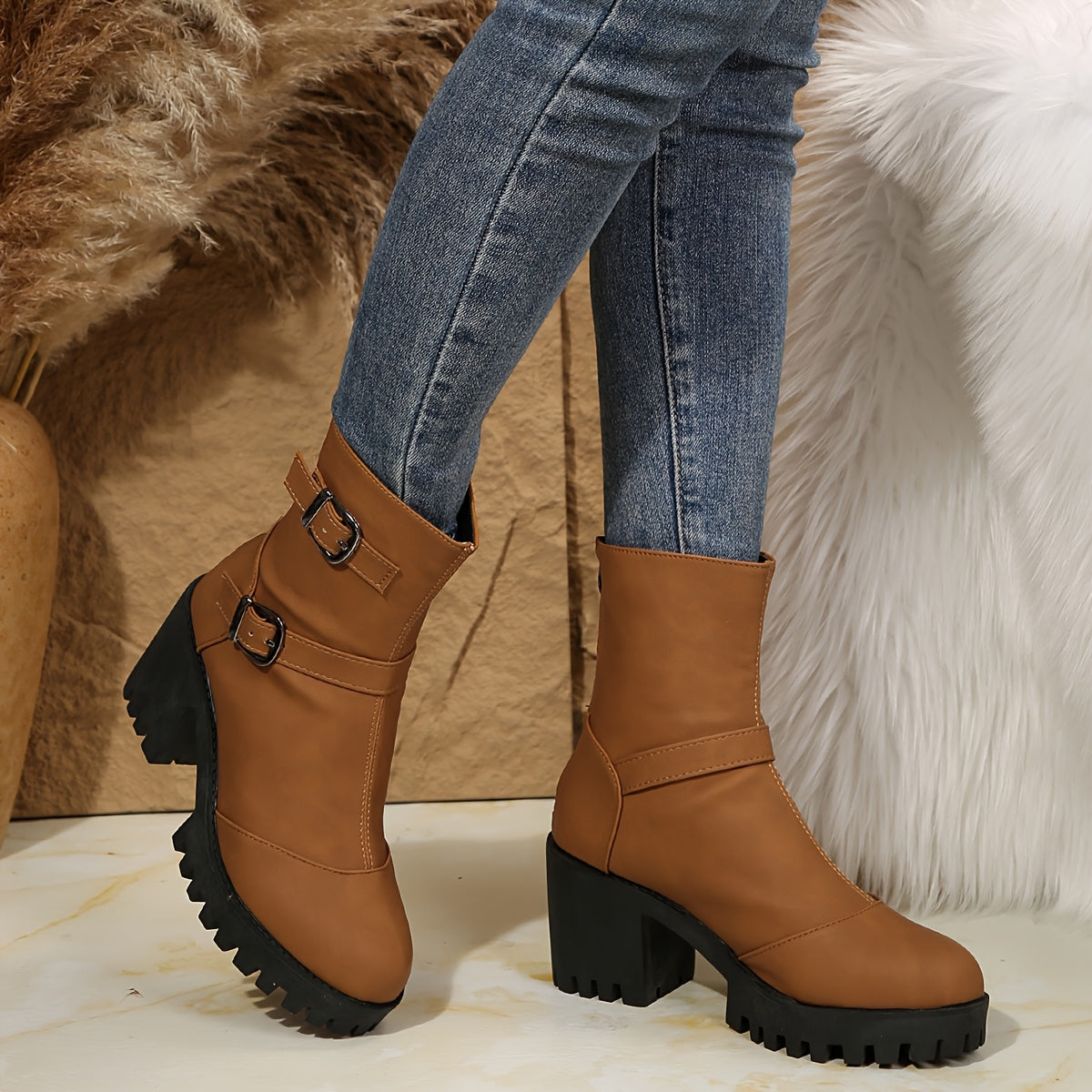 Katarina | Block Heel Buckle Straps Ankle Boots